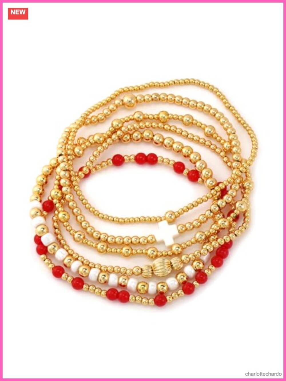 14K Gold Plated Beaded Stretch Bracelets Set Stackable Dainty Cross Charm